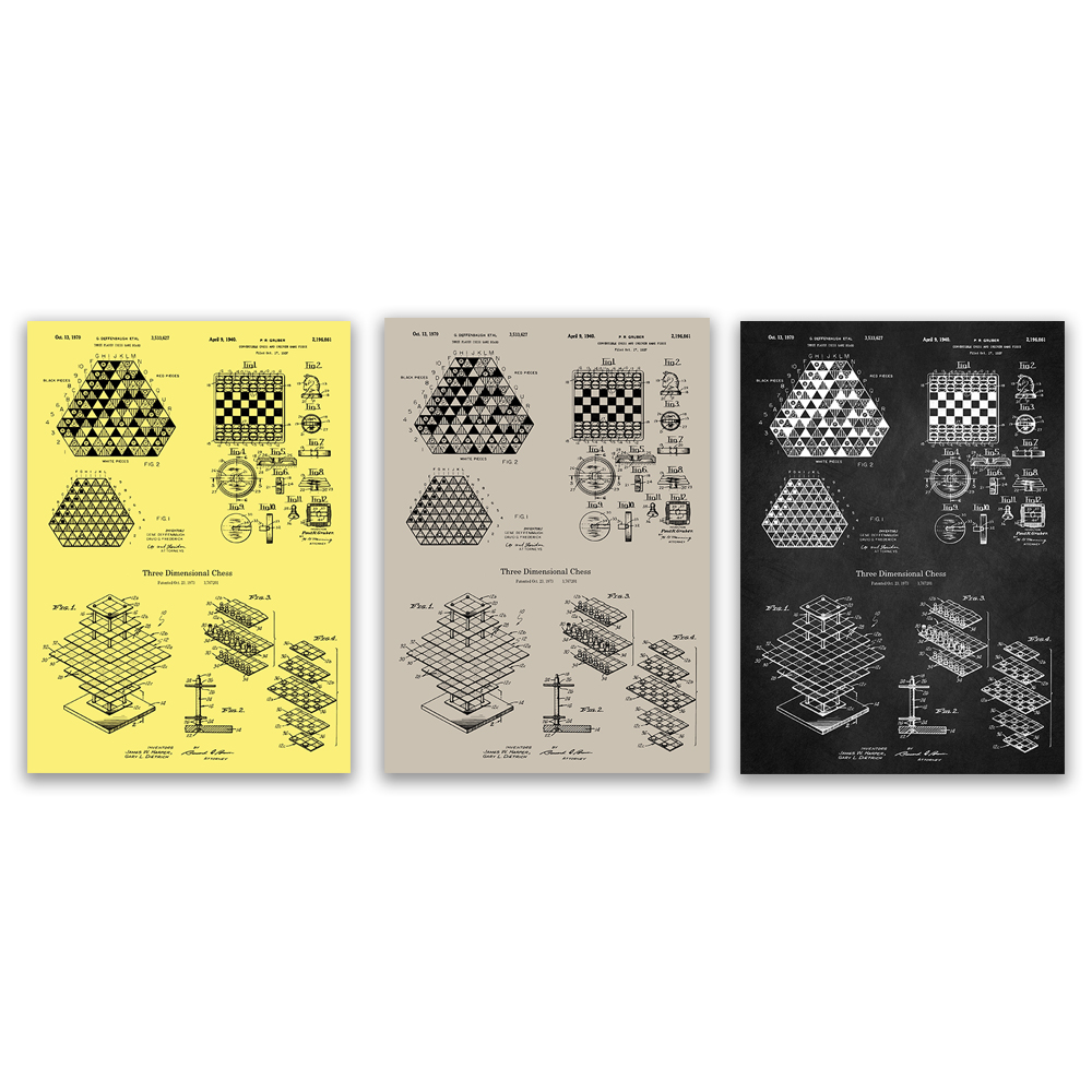 Board Game For 3 Players - 3인용 체스, 체스판 블루프린트 포스터, 미국